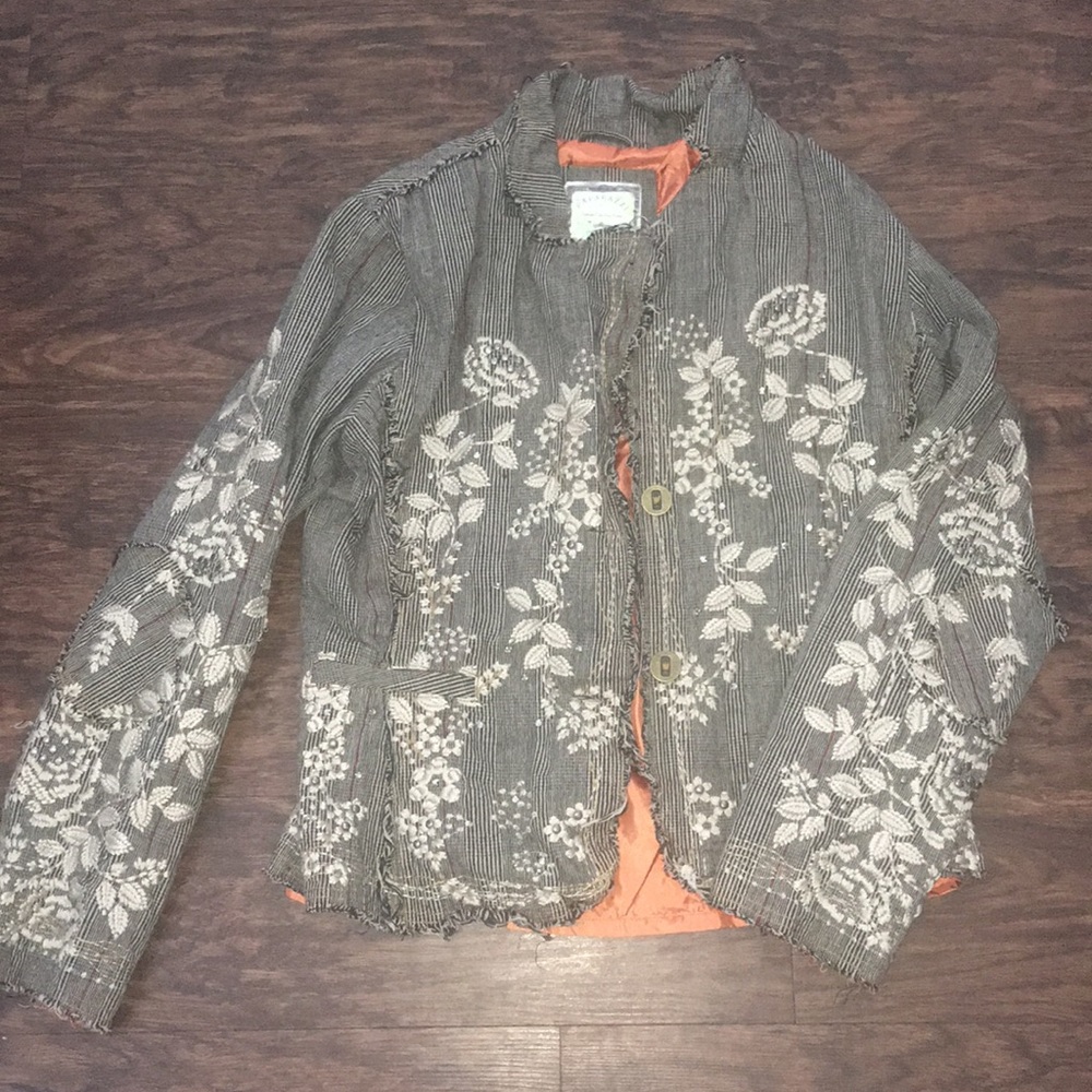 Paparazzi by Anthropology jacket, plaid with embroidered flowers.